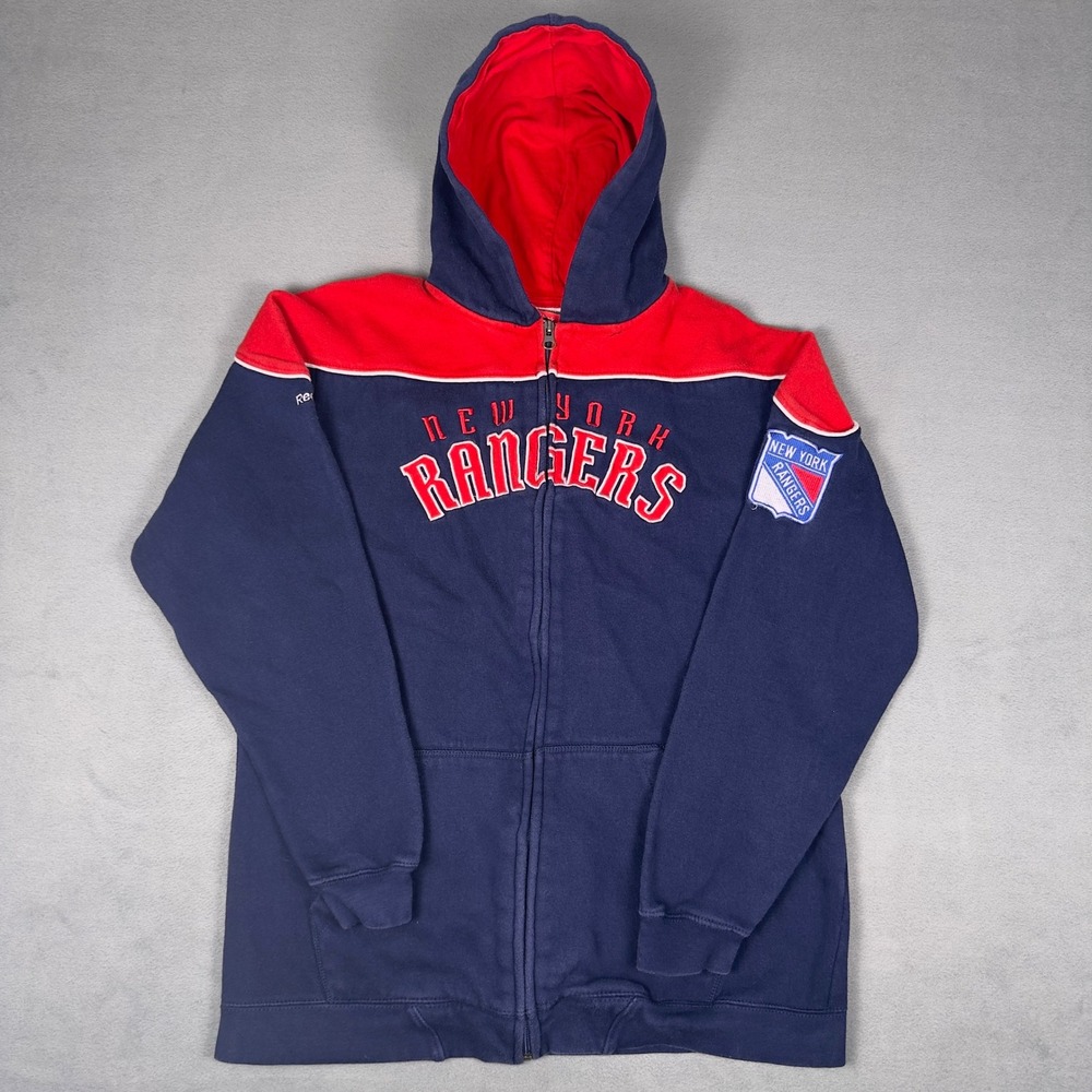 Reebok Face Off NY Rangers NHL Full Zip Hoodie Navy Red Embroidered Mens L